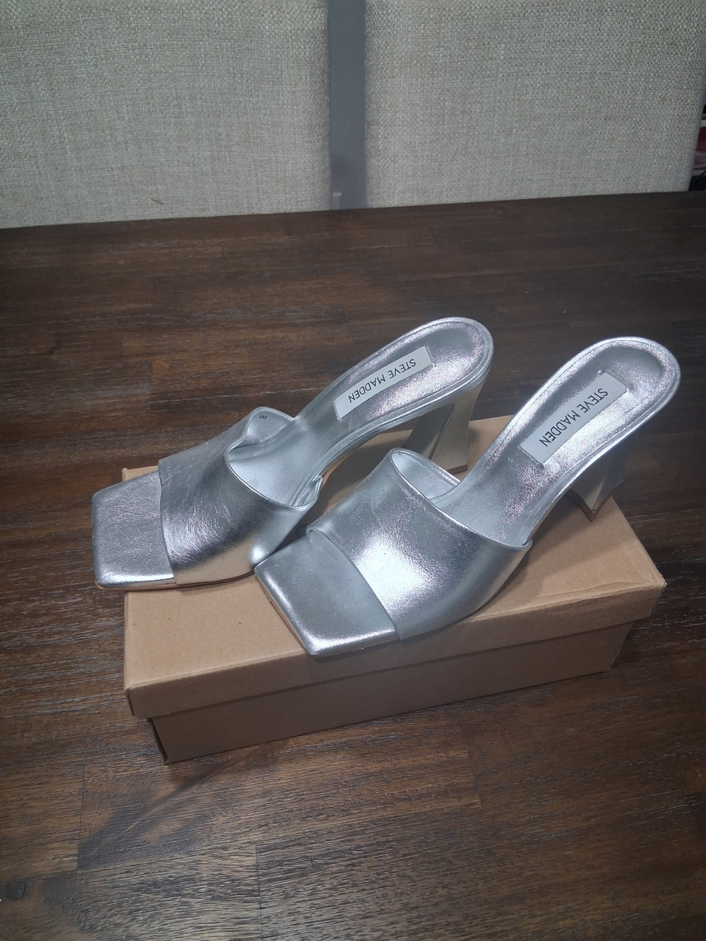 Steve Madden Silver Block Heel Slide Sandals